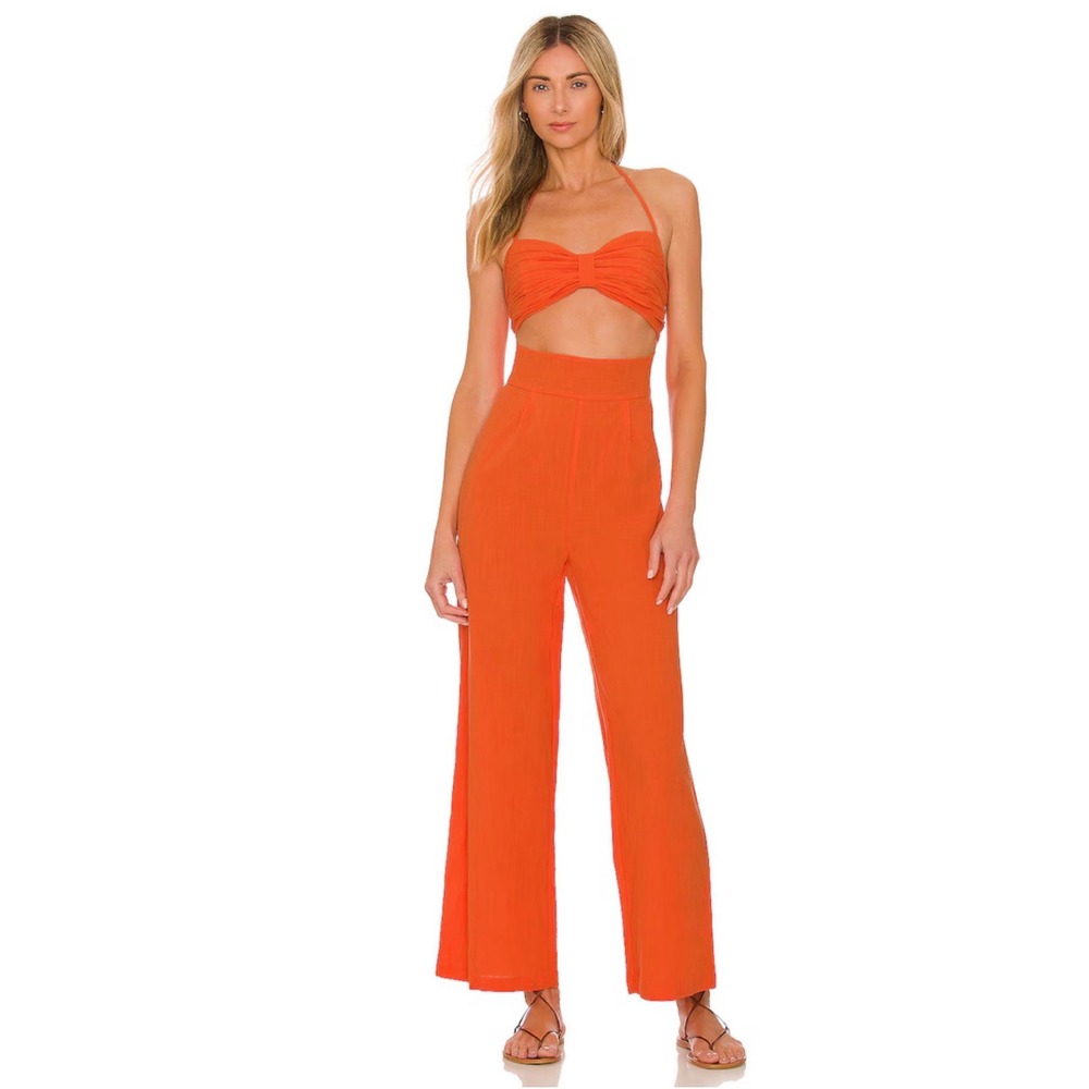 REVOLVE Boat Linen Jumpsuit Tangerine‎ SNDYS Orange Wide Leg Halter Size Medium